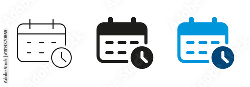 Calendar with clock icon set, event schedule, planning and time management symbol