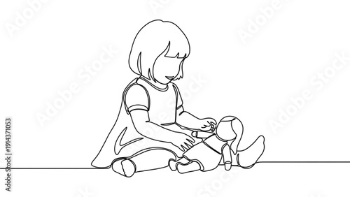 Black Continuous Line Art Girl Playing with Doll | Vector Illustration
