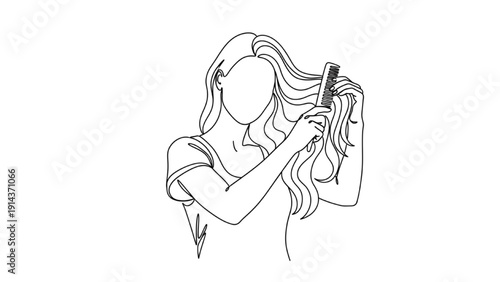 Black Continuous Line Art Woman Combing Hair | Vector Illustration