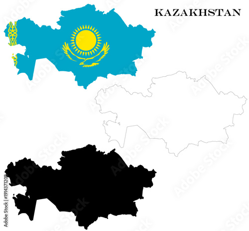 Kazakhstan Country Maps Bundle with National Flag, Black Silhouette and Detailed Outline Contours
