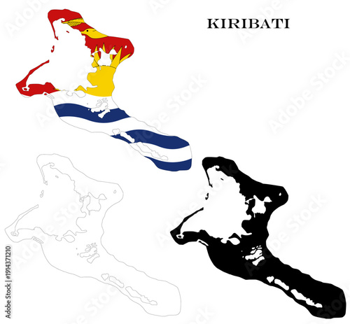 Kiribati Country Maps Bundle with National Flag, Black Silhouette and Detailed Outline Contours