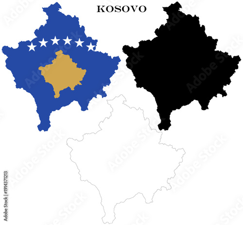 Kosovo Country Maps Bundle with National Flag, Black Silhouette and Detailed Outline Contours