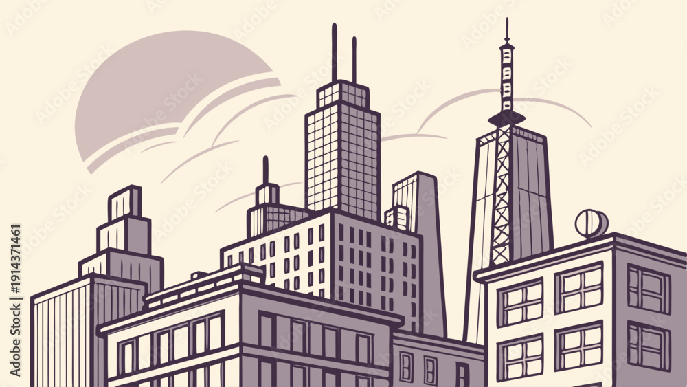 Obraz premium Monochromatic Cityscape Illustration for Urban Development Real Estate Web Design Background Skyline View
