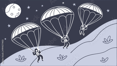 Nighttime Paratroopers Landing Safely Under Full Moon Sky for Extreme Sports Adventure or Military Operation Illustration
