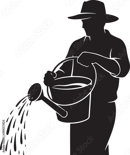 Silhouette of a farmer watering plants from a bucket, illustrating diligent care and the essential role of water in agriculture.