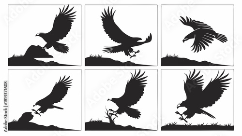 Eagle Silhouette Sequence Hunting Prey Landing Dynamic Motion Graphic Icon for Wildlife Survival Success and Power