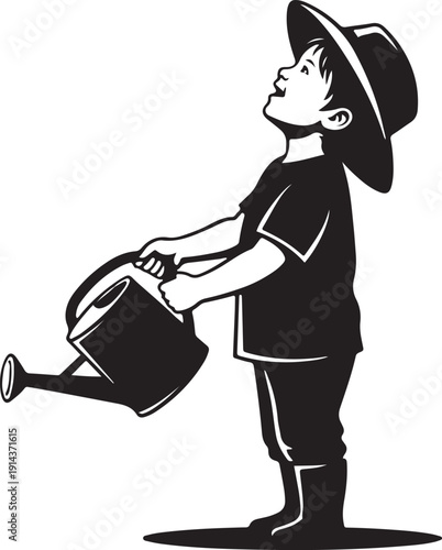 Silhouette of a boy wearing a hat and boots, holding a watering can, looking up with anticipation for rain or to water plants.