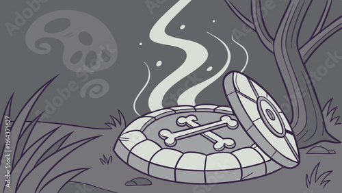 Mysterious Ritual Pit with Bones Smoking in Dark Forest for Halloween Game Asset or Spooky Story Illustration