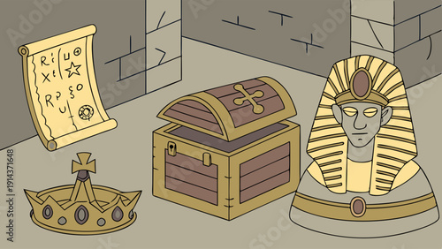 Ancient Egyptian Treasure Hoard with Pharaoh Mask Crown and Scroll for Adventure Game Design or Museum Exhibit Promotion