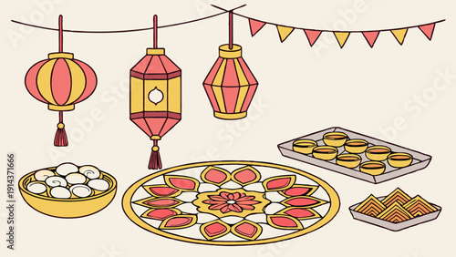 Festive Asian Lanterns and Traditional Sweets Spread for Holiday Celebration or Cultural Event Promotion Design