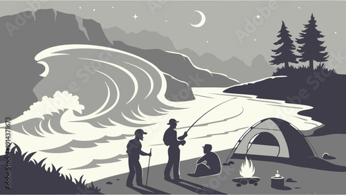 Adventurous Friends Camping Fishing River Night Scene Wilderness Travel Graphic Design Element for Outdoor Recreation Brochures