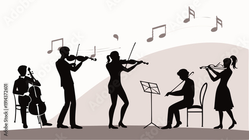 Silhouette of String Quartet Musicians Performing Classical Music for Concert Promotion or Music Education Websites