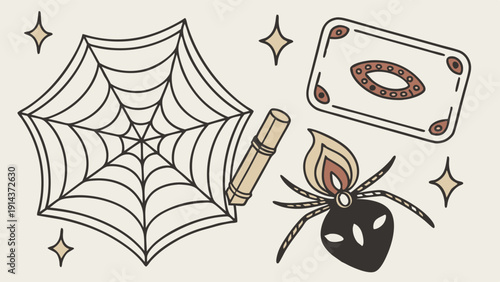 Mystical Halloween Witchcraft Elements Spiderweb Scroll Tarot Card for Occult Design Projects and Spooky Season Branding