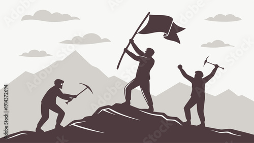 Mountain Climbers Reaching Summit Planting Flag Symbolizing Team Success Achievement for Web Design and Corporate Goals