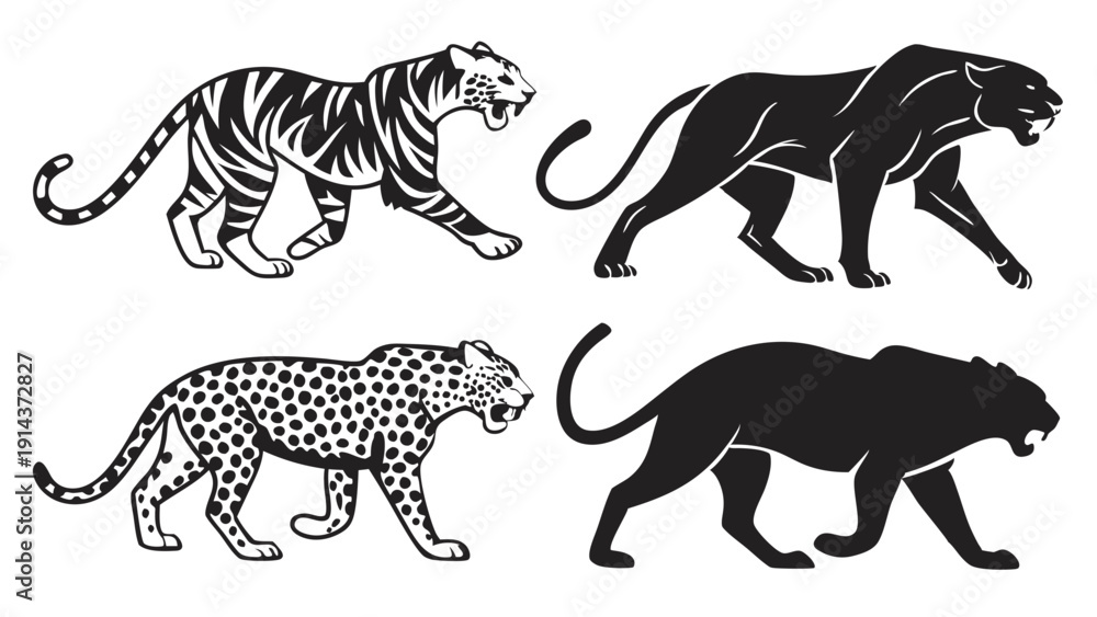 Obraz premium Powerful Big Cat Silhouettes Tiger Leopard Panther Set for Wildlife Design Tattoos Logos Apparel