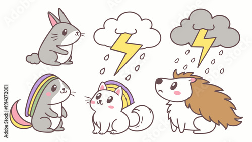 Cute Cartoon Unicorn Animals Rabbit Cat Hedgehog Weather Icons for Children's Book Design