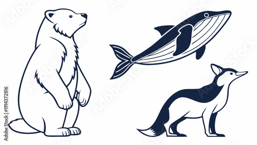 Arctic Wildlife Icons Polar Bear Whale Fox for Nature Education Ecology Conservation Design Projects