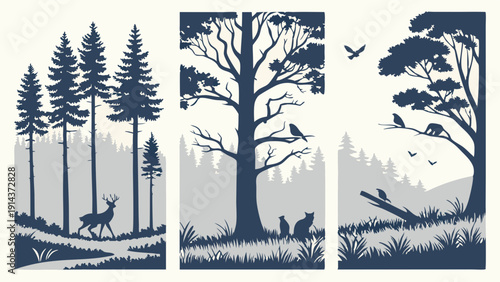 Rustic Forest Wildlife Silhouette Triptych Panels for Nature Brochures Outdoor Adventure Websites Calm Woodland Scenes