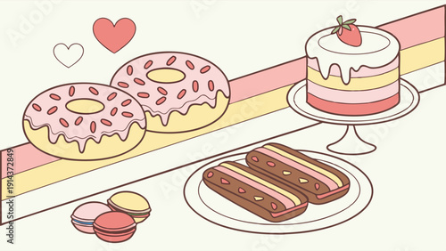 Sweet Pastel Dessert Spread for Bakery Cafe Menu Design Happy Valentine's Day Promotion Background