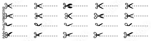 Scissors cut line icon set, open and closed scissor positions with dashed cutting paths, coupon border sign icons, line cutting