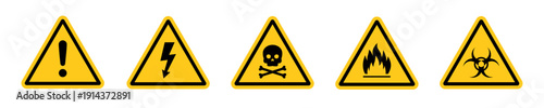 Warning triangular caution shapes signs with various danger symbols: hazard, flammable, electrical, high voltage, biohazard, skull with bone