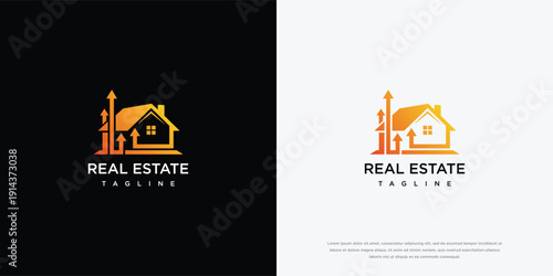 Real Estate Logo House with Upward Arrows Growth Investment.