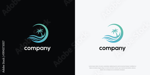 Tropical Beach Logo Palm Tree Ocean Waves Crescent Moon.