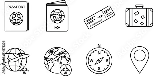 A comprehensive collection of travelrelated line art icons featuring passports boarding passes luggage globes airplanes compasses and location pins for international adventures and exploration