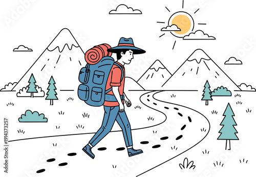 A happy backpacker enjoys a scenic mountain hike along a winding path under the bright summer sun