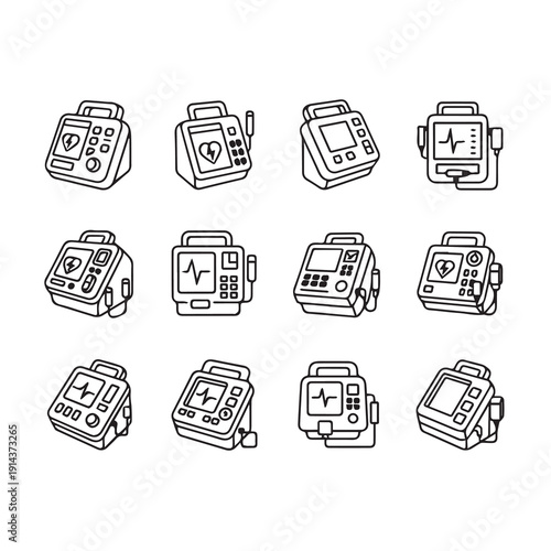 Medical Defibrillator Icon Set, Heartbeat Monitor Vector Art