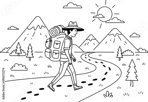 A solitary adventurer explores a beautiful mountain trail with a large backpack under the bright sun in a minimalist line art illustration