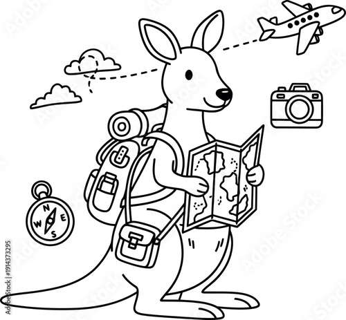 Adorable cartoon kangaroo traveler holding an exploration map with backpack and camera ready for a global adventure journey