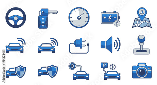 Automotive Technology and Smart Car Icons Set depicting Driving, Navigation, Safety, and Electric Vehicle Charging, on an isolated white background.