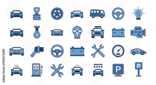 Blue Car and Automotive Service Parts Icons Set on Isolated White Background