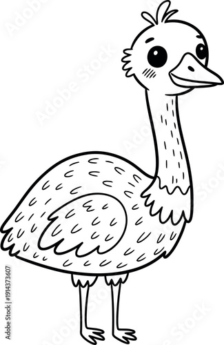 Charming cartoon ostrich or emu bird line art illustration with a friendly expression for children