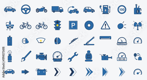 Extensive Set of Blue Car Road and Driving Related Automotive Icons on Isolated White Background