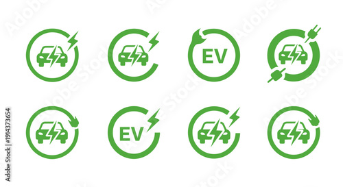 Set of Circular Green Electric Vehicle EV Energy and Recycling Loop Icons on Isolated White Background