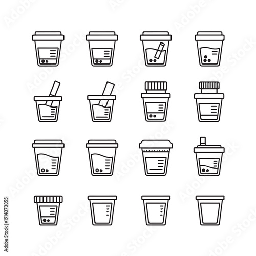Medical Specimen Cups Collection Icons Set, Line Art