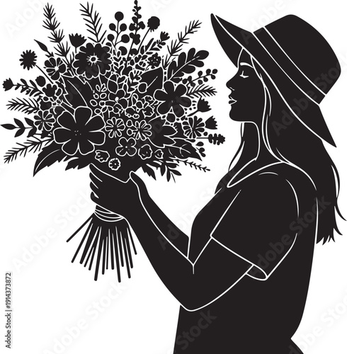 Woman in hat smelling a beautiful bouquet of flowers in silhouette, celebrating nature and floral beauty.