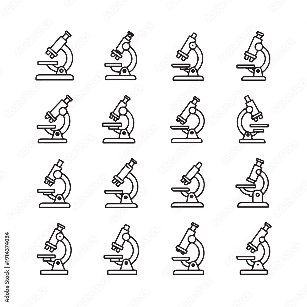 Fototapeta premium Microscope Icons Pattern Vector Science Equipment Simple Outline Collection