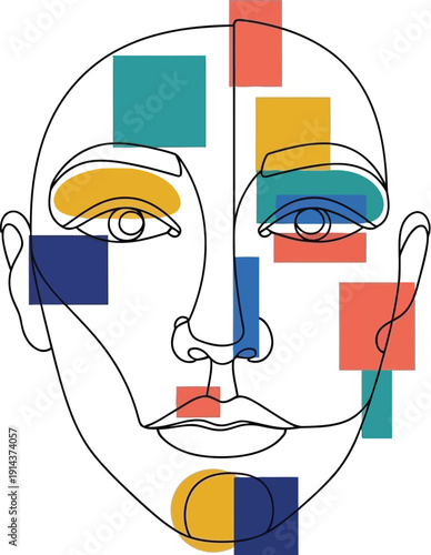 Abstract minimalist line art illustration of a face with colorful geometric shapes and vibrant elements creating a unique visual representation of beauty and art.