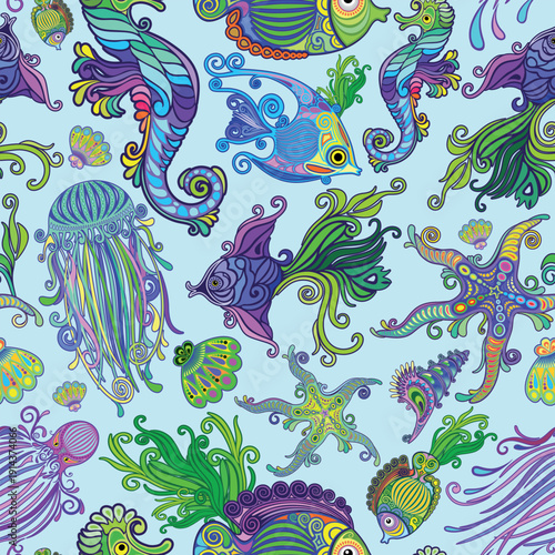 Marine Life Exotic Fishes and SeaHorses Decorative Seamless Textile Pattern