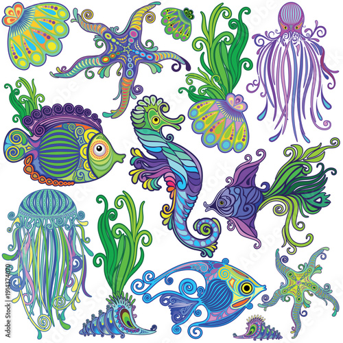 Marine Life Exotic Fishes, SeaHorses, Seashells, Starfish, Octopus, Jellyfish, Decorative Vecor Icons. Set of 13.
