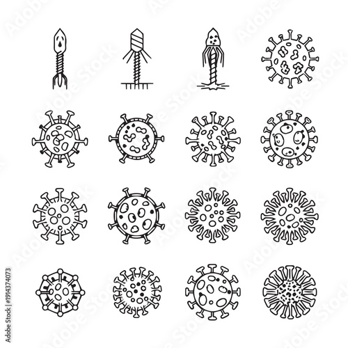 Microscopic Virus Icons and Bacteriophage Illustrations, Hand Drawn Style