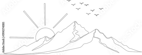 Simple line art illustration of a serene mountain landscape with a rising sun and birds flying in the sky symbolizing natural beauty and tranquility.