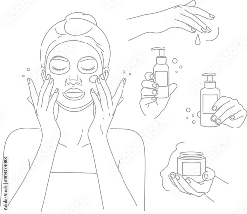 Woman enjoying serene facial skincare routine with various beauty products and gentle hand movements for a relaxed and rejuvenated experience always.
