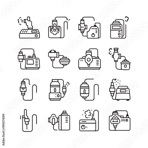 Nebulizer Machine Icons Set: Medical Devices for Inhalation Therapy