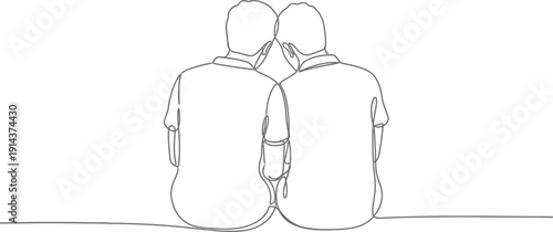 Two people sitting together on the ground with their backs to the viewer in a line art style illustration showing companionship and togetherness with a simple white background.