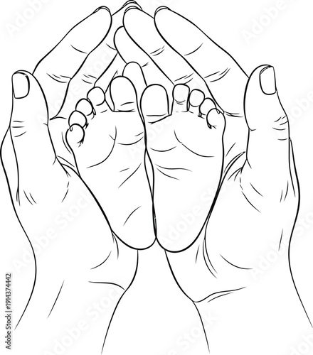 Gentle adult hands cradling and supporting tiny baby feet in a simple black and white illustration, symbolizing care and protection for newborns and infants in a tender and loving gesture.