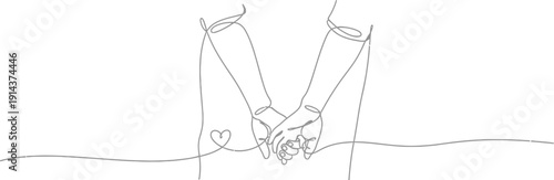 Lovers holding hands in a simple and elegant continuous line drawing symbolizing love and affection between couple in a romantic and intimate moment together on a white background.